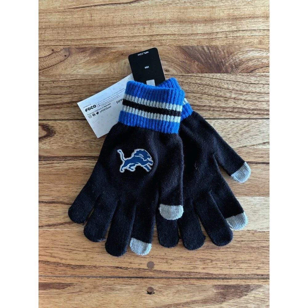 Detroit Lions Black Knit Touchscreen Gloves Blue Cuff One Size NWT kids